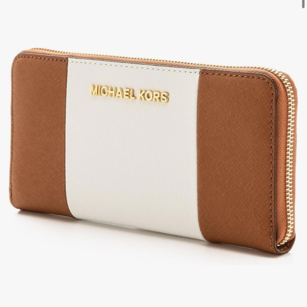 Michael Kors tan & white, gold hardware saffiano leather wallet / long wallet